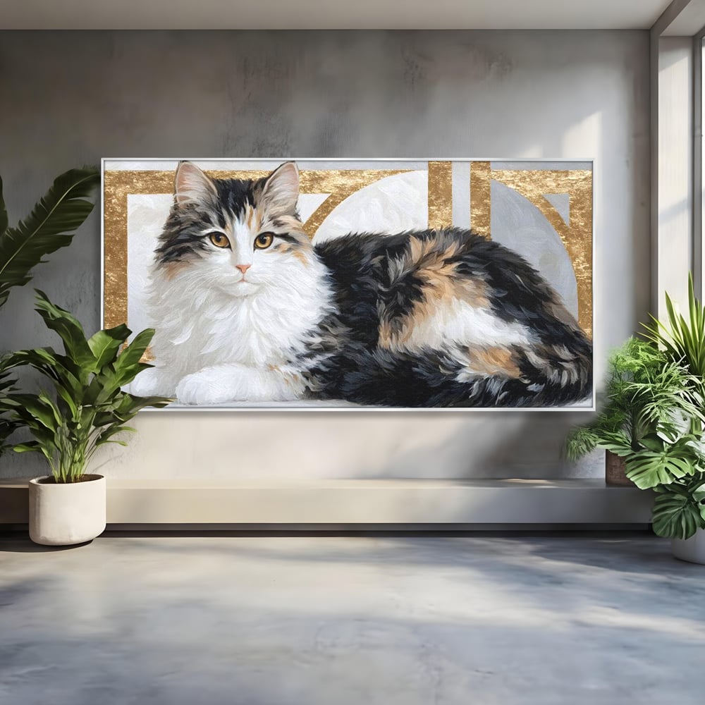 Tablou canvas cu tablou canvas cu pisica calico si accente aurii, in rama de aluminiu argintiu